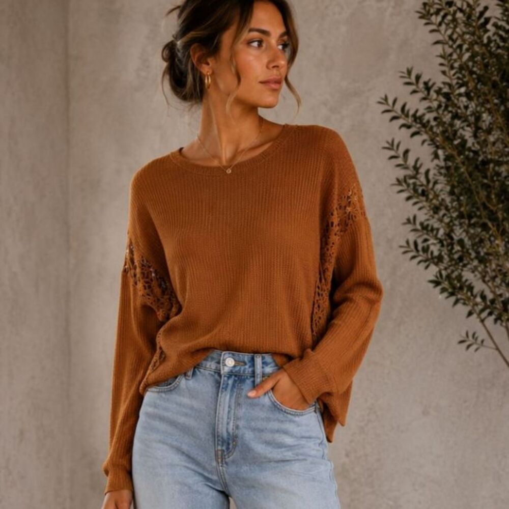 Fashion On Earth Women’s M Rust Brown Waffle Knit Crochet Lace Long Sleeve Top